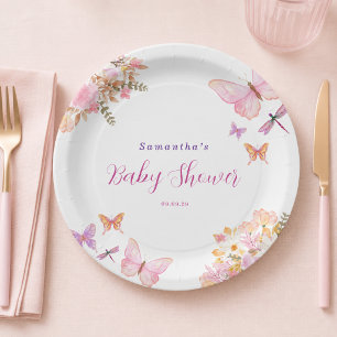 Watercolor Pink butterfly Floral Baby Shower Paper Plates