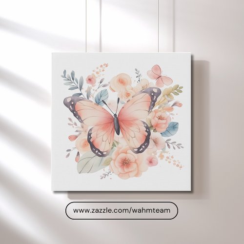 Watercolor Pink Butterfly Floral Flowers  Faux Canvas Print