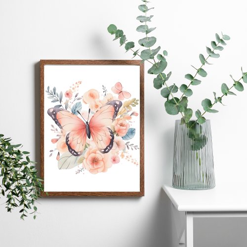 Watercolor Pink Butterfly Floral Flowers Wall Art 