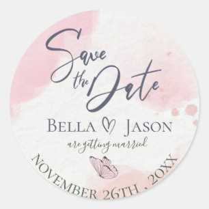 Watercolor Pink Butterfly Wedding Save The Date Classic Round Sticker