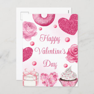 Watercolor Pink Cakes and Treats Valentine's Day Holiday Postcard