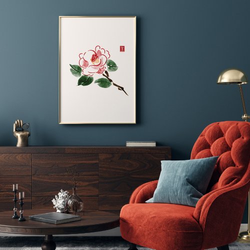 Watercolor Pink Camellia Flower hieroglyph Wealth Poster