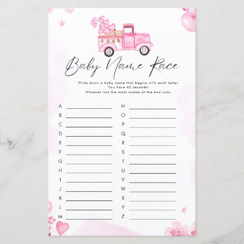Watercolor Pink Car Baby Name Race Game