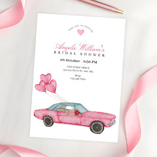 Watercolor pink car bridal shower invitation