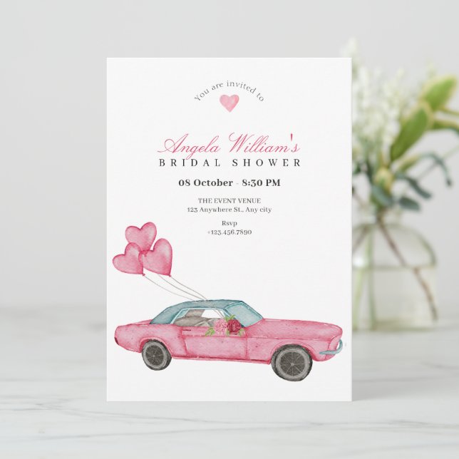 Watercolor pink car bridal shower invitation (Standing Front)
