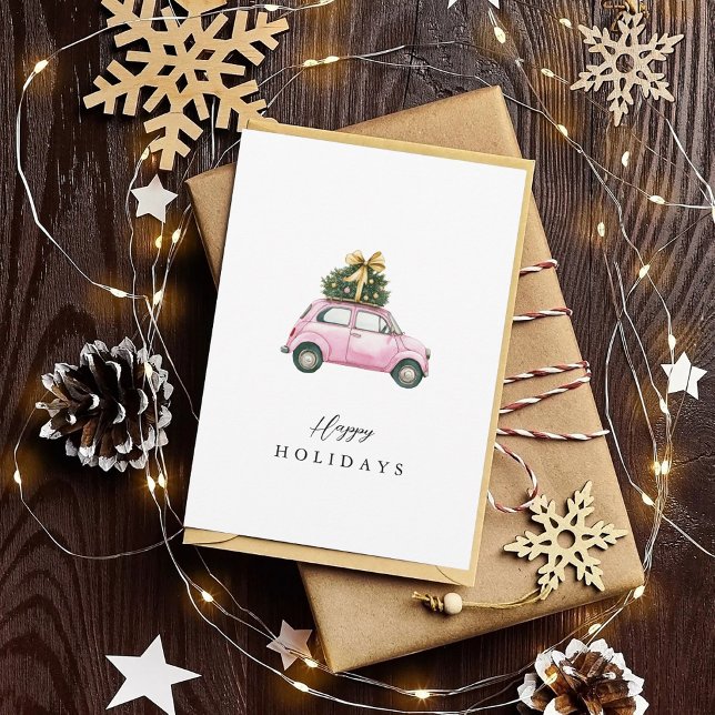 Watercolor Pink Car Christmas Tree Happy Holidays Holiday Card (Creator Uploaded)