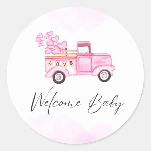 Watercolor Pink Car Valentines Day Welcome Baby Classic Round Sticker