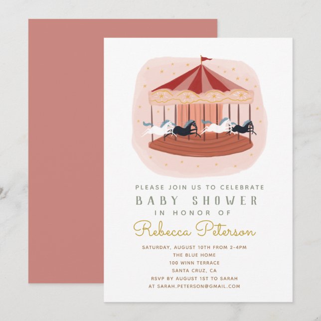 Watercolor pink Carousel Baby Shower Invitation (Front/Back)