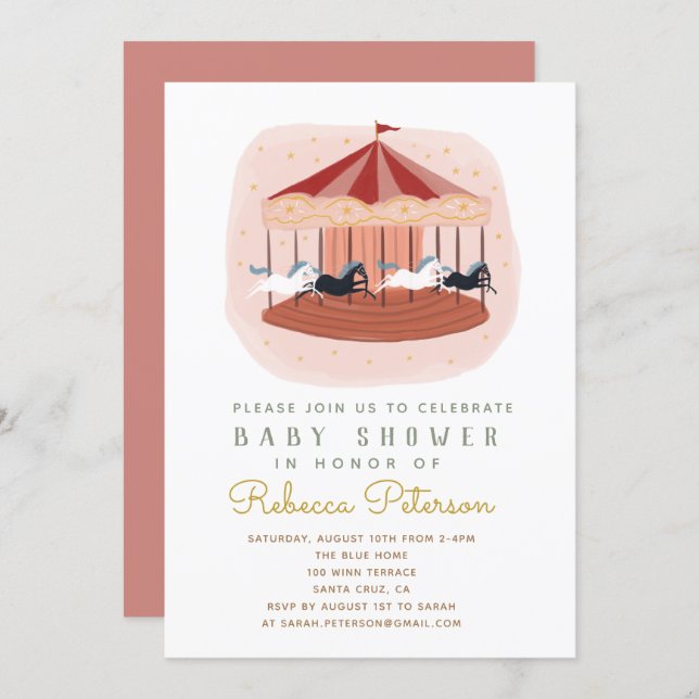 Watercolor pink Carousel Baby Shower Invitation (Front/Back)