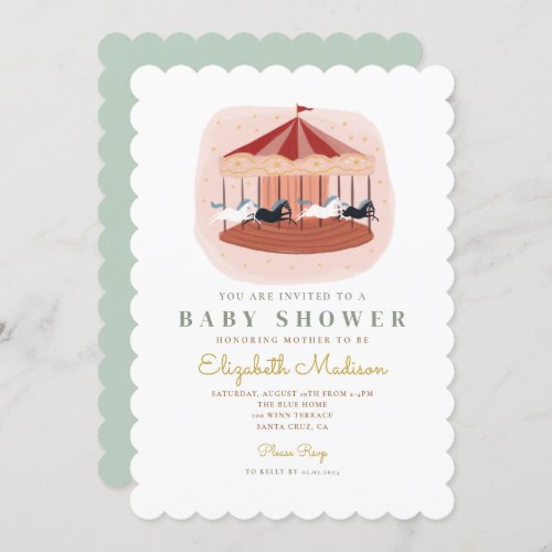Watercolor pink Carousel Baby Shower Invitation