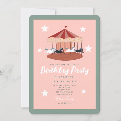 Watercolor pink Carousel Birthday Invitation