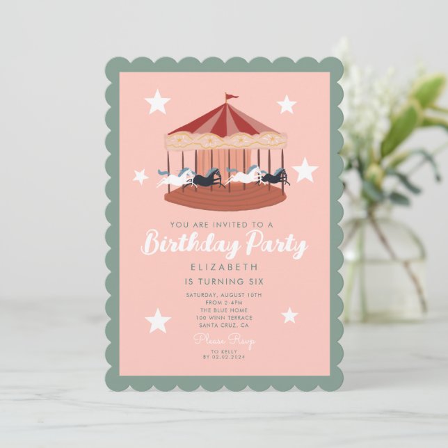 Watercolor pink Carousel Carnival Birthday Invitation (Standing Front)