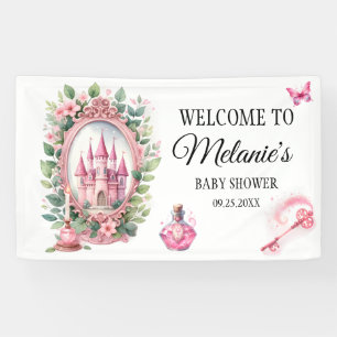 Watercolor Pink Castle Floral Wreath Magic Wand Banner