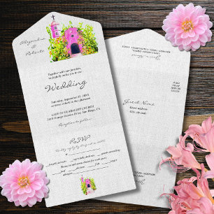 Watercolor Pink Chapel Mexican Wedding All In One Invitation