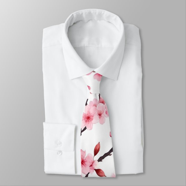 Watercolor Pink Cherry Blossom Floral Neck Tie (Tied)