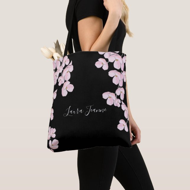 Watercolor Pink Cherry Blossom Floral Stylish Tote Bag (Close Up)