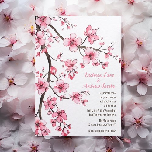 Watercolor Pink Cherry Blossom Floral Wedding Invitation