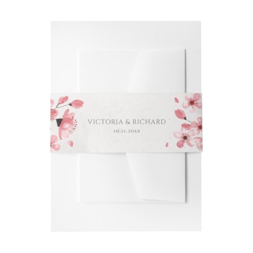 Watercolor Pink Cherry Blossom Floral Wedding Invitation Belly Band