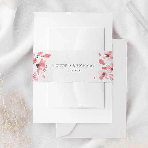 Watercolor Pink Cherry Blossom Floral Wedding Invitation Belly Band