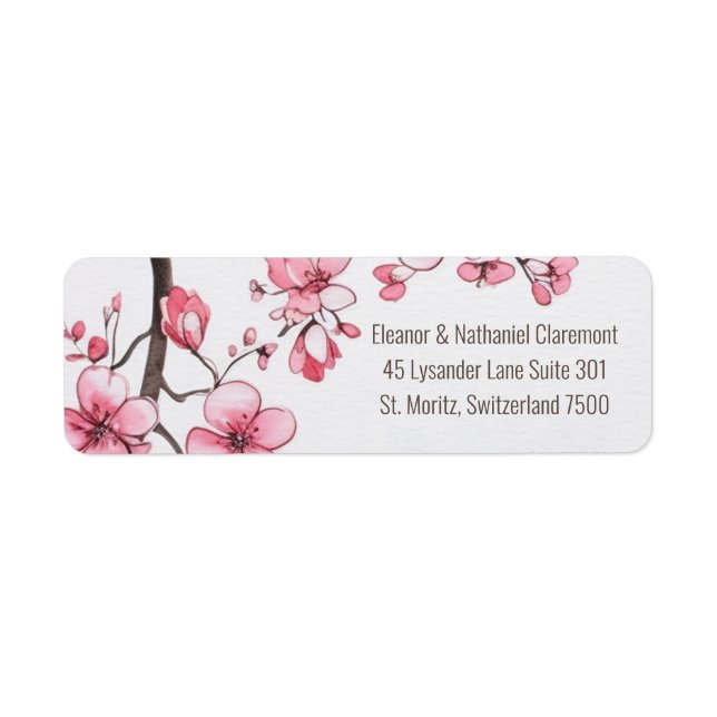 Watercolor Pink Cherry Blossom Floral Wedding Label (Front)