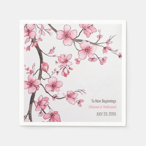 Watercolor Pink Cherry Blossom Floral Wedding Napkins