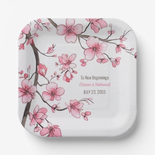 Watercolor Pink Cherry Blossom Floral Wedding Paper Plates