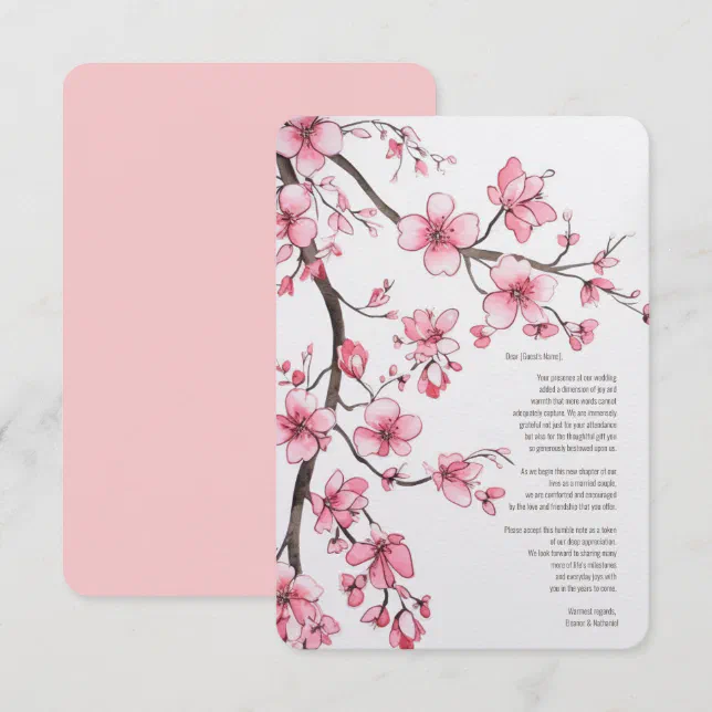Watercolor Pink Cherry Blossom Floral Wedding Thank You Card | Zazzle