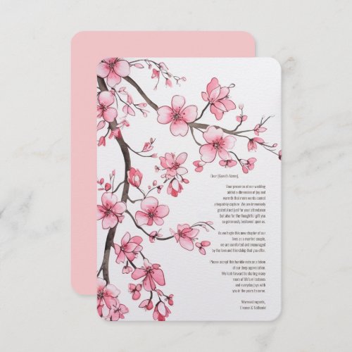 Watercolor Pink Cherry Blossom Floral Wedding Thank You Card