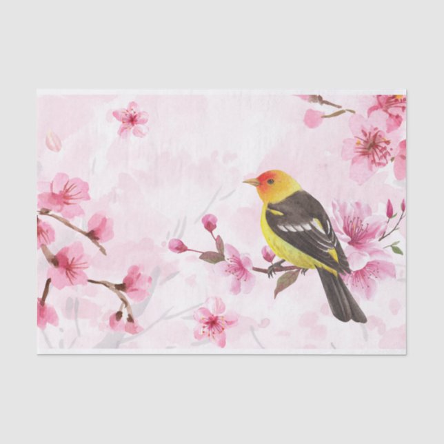 Watercolor Pink Cherry Blossom Flowers and Bird  Tissue Paper (Front)