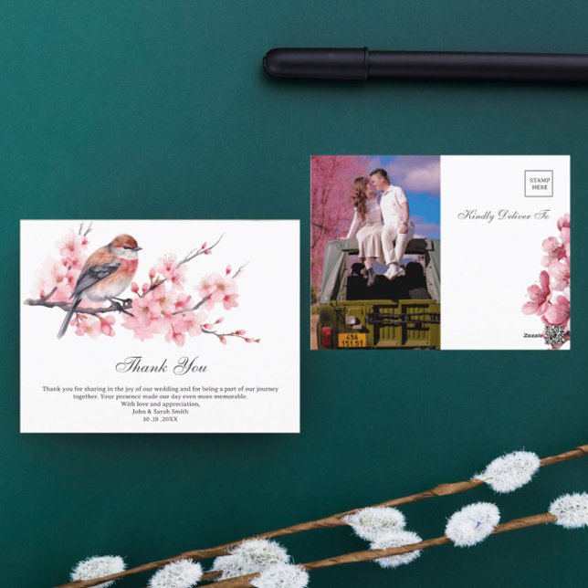 Watercolor Pink Cherry Blossom Wedding Thank You Postcard (Creator Uploaded)