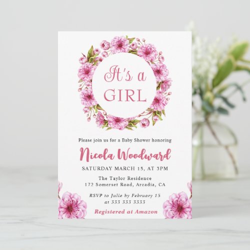 Watercolor Pink Cherry Blossom Wreath Baby Shower Invitation