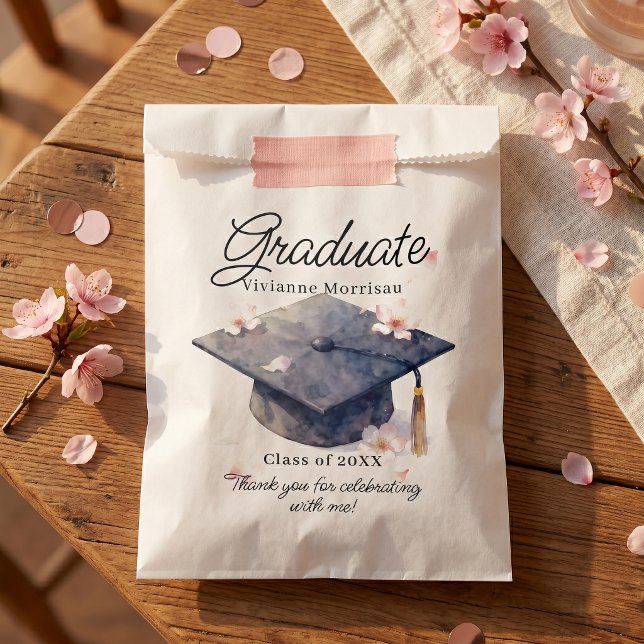 Watercolor Pink Cherry Blossoms and Graduation Cap Favor Bag (Creator Uploaded)