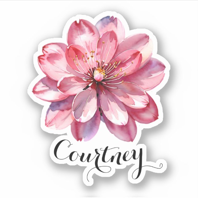 Watercolor Pink Cherry Blossoms Floral Custom Name Sticker (Front)