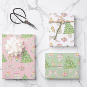 Watercolor Pink Chinoiserie Baubles Christmas Tree Wrapping Paper Sheets
