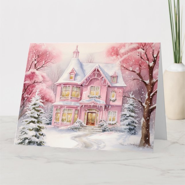 Watercolor Pink Christmas Background Thank You Card (Front)