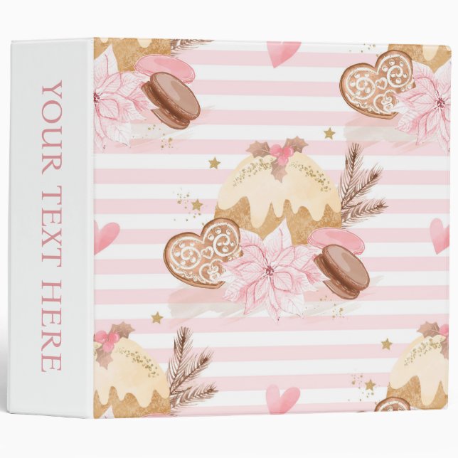 Watercolor Pink Christmas Cookies and Pudding 3 Ring Binder (Front/Spine)