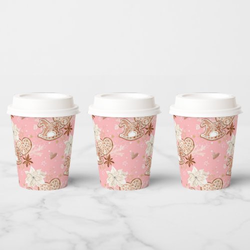 Watercolor Pink Christmas Cookies  Snowflakes Paper Cups