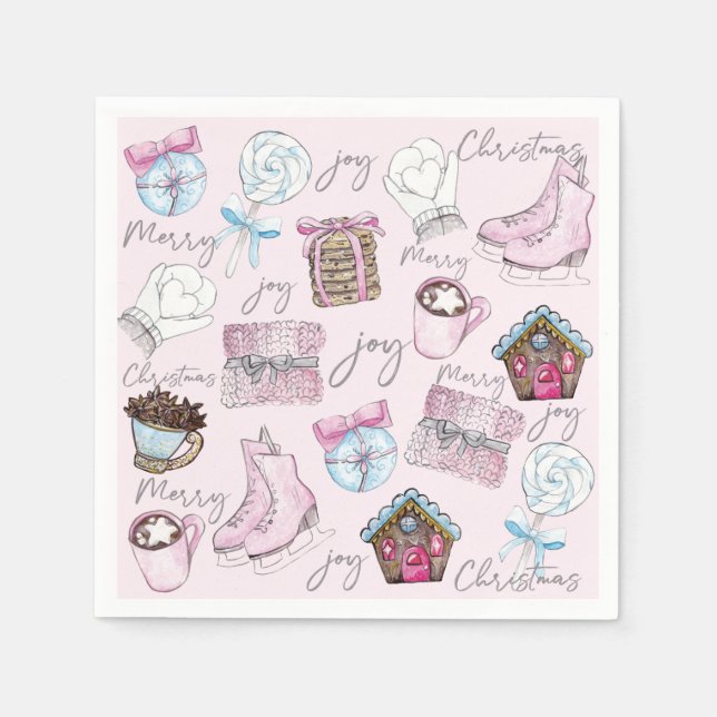Watercolor Pink Christmas Cute Napkins (Front)