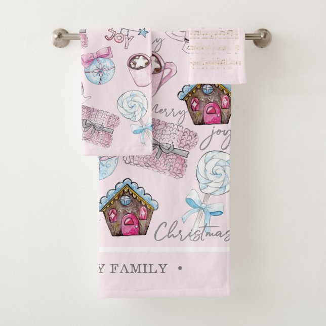 Watercolor Pink Christmas elements Bath Towel Set (Insitu)