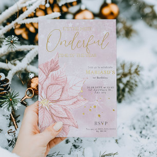 watercolor Pink Christmas flower 1st birthday  Foil Invitation