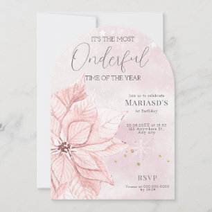 watercolor Pink Christmas flower 1st birthday  Invitation