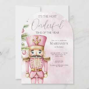 watercolor Pink Christmas Nutcracker 1st birthday Invitation