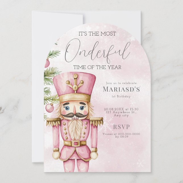 watercolor Pink Christmas Nutcracker 1st birthday  Invitation (Front)