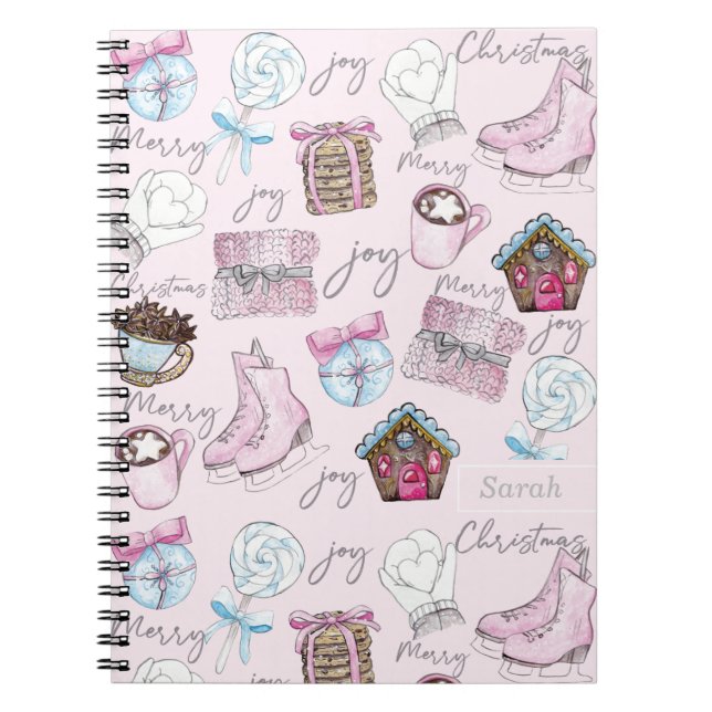 Watercolor Pink Christmas Personalized Girly Notebook (Front)