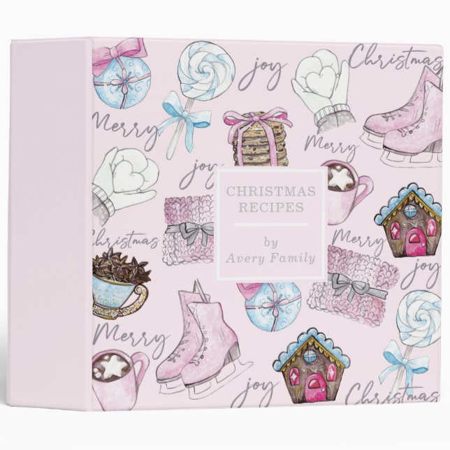 Watercolor Pink Christmas Recipes 3 Ring Binder (Front/Spine)