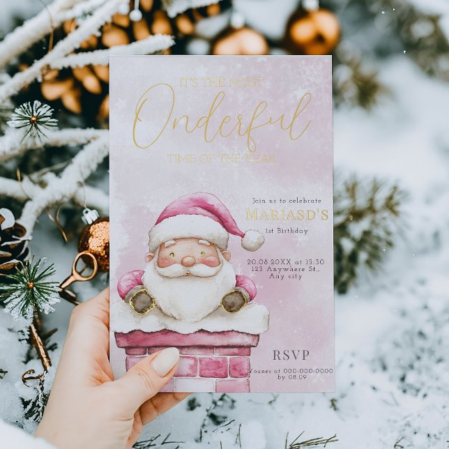 watercolor Pink Christmas Santa 1st birthday  Foil Invitation (Creator Uploaded)