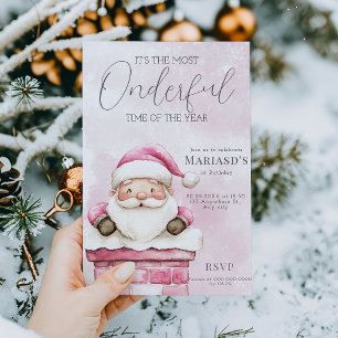 watercolor Pink Christmas Santa 1st birthday  Invitation