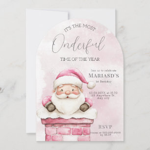 watercolor Pink Christmas Santa 1st birthday  Invitation