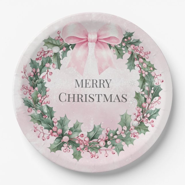 watercolor Pink Christmas Santa 1st birthday  Paper Plates (Front)