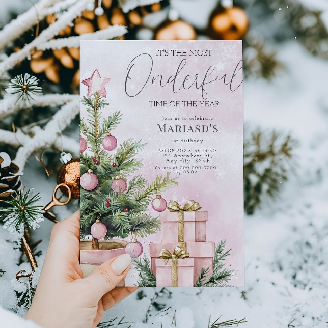 watercolor Pink Christmas Tree 1st birthday  Invitation (Creator Uploaded)